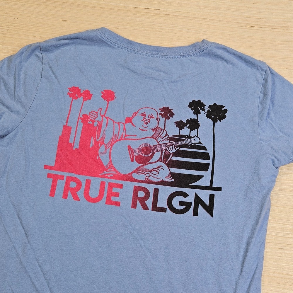 True Religion‎ T-Shirt Womens S Blue Palm Tree Buddha V-Neck Graphic Tee